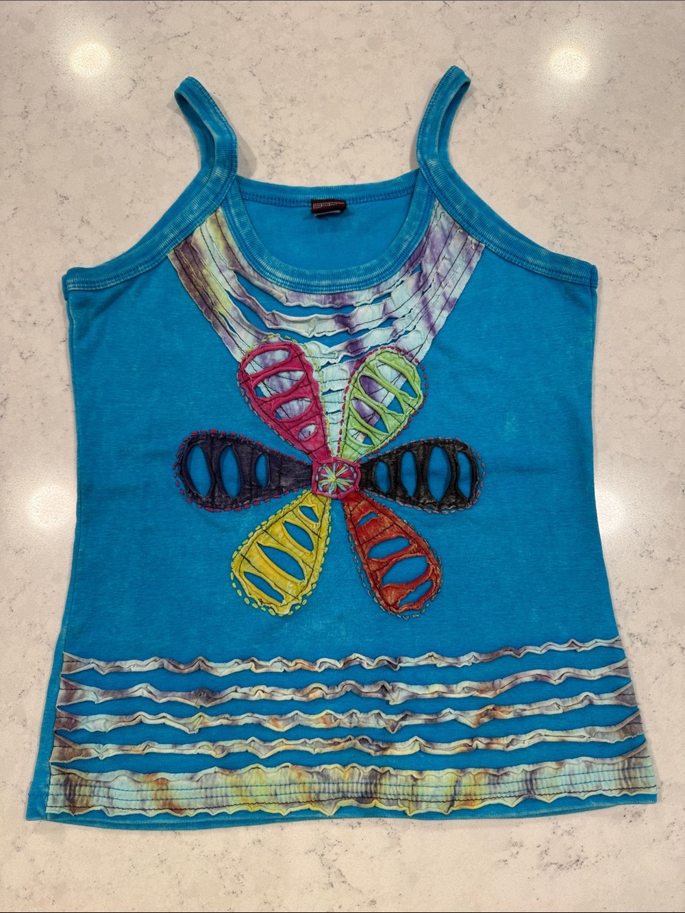 Vintage KPC Boho Hippie Teal Floral Cutout Tank Top 100% Cotton Multicolored